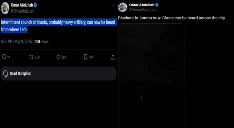 ‘ജമ്മുവില്‍ ബ്ലാക്ക്ഔട്ട് ; നഗരത്തിലുടനീളം സൈറനുകള്‍ മുഴങ്ങുന്നു ‘; ഒമര്‍ അബ്ദുള്ളയുടെ എക്‌സ് പോസ്റ്റ്